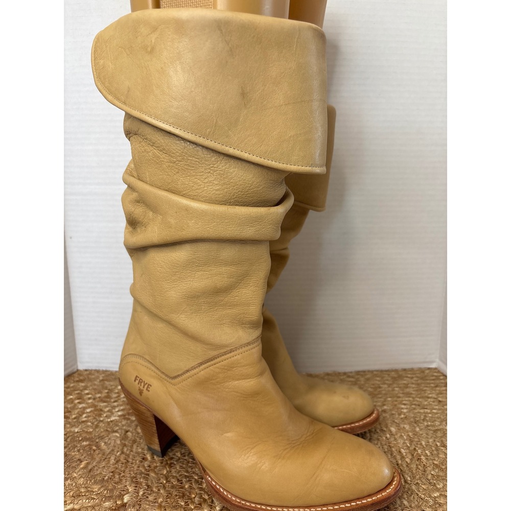 Vintage Frye Sz 8 Slouch Boots Tan Leather Fold Over Cuff Wood Heel* see pics